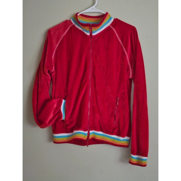 Red Velour Track Jacket Rainbow Trim Full Zip Casual Sporty XXL - Picture 1 of 5
